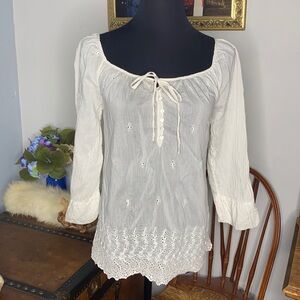- Splendid White Eyelet Semi Sheer 3/4 Sleeve Blouse USA